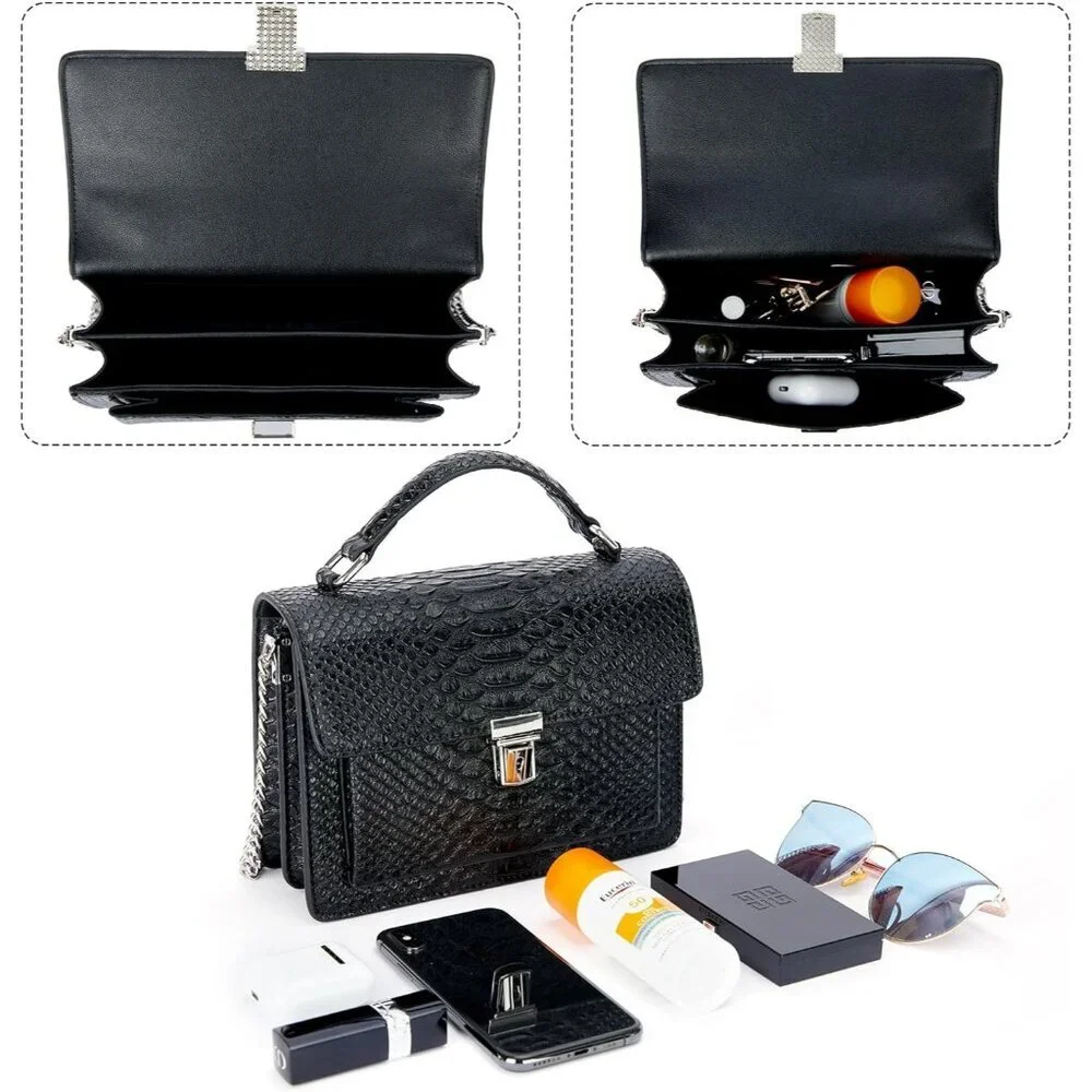 ⚡ Women's Fashion Snake Black Vegan Leather Print Casual Satchel Crossbody Bag